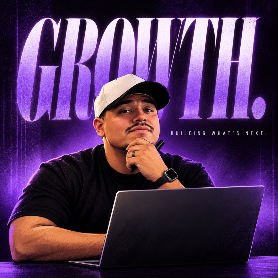 Chris at his laptop beneath the words Growth. Building what’s next.